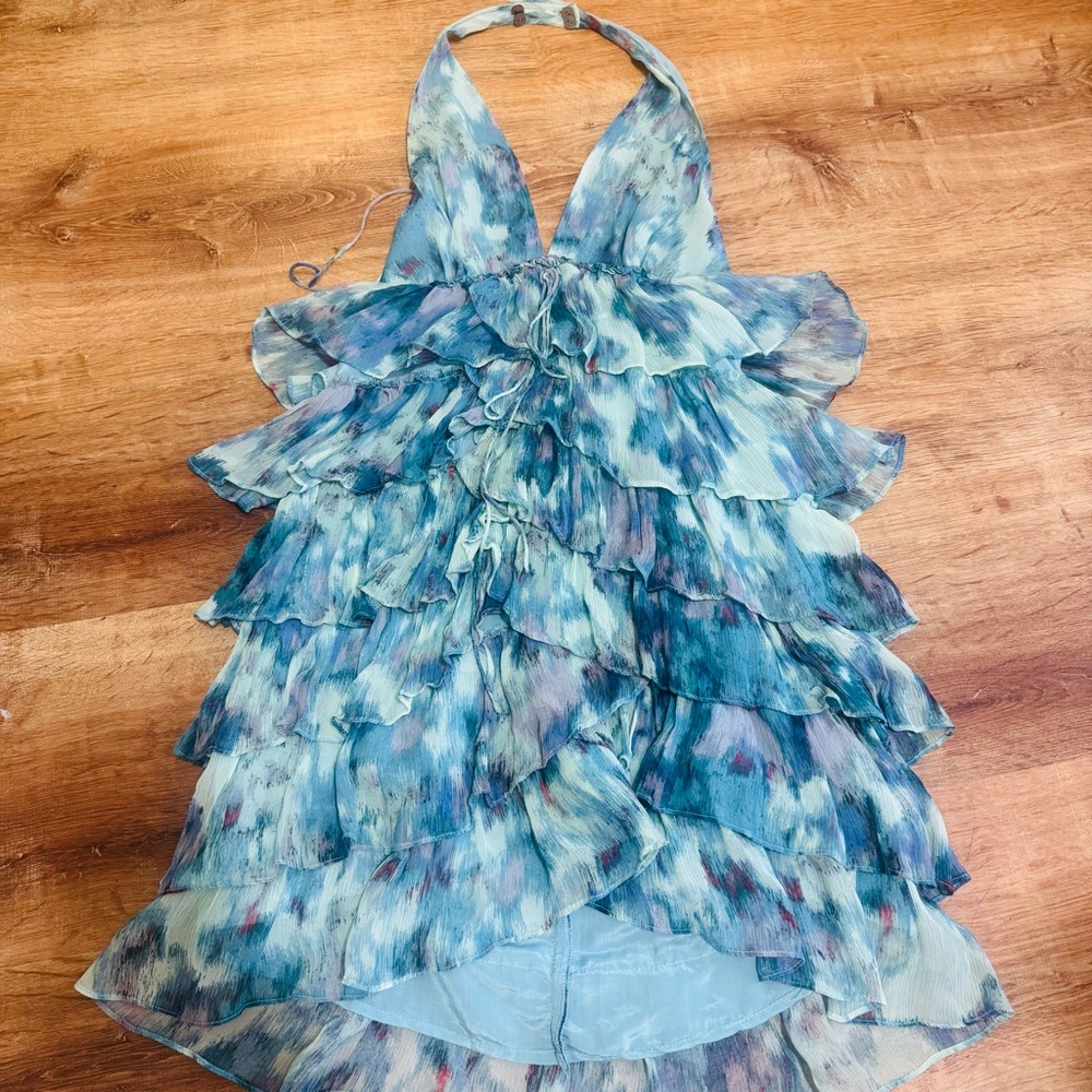 Blue Halter Neck Ruffle Dress